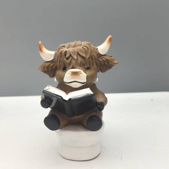 3Pcs Bathroom Highland Cow Figurine Bathing Reading Book Toilet Paper Highland Cattle Resin Statue Sculpture Decoration Ornament Calf Lovers Gifts