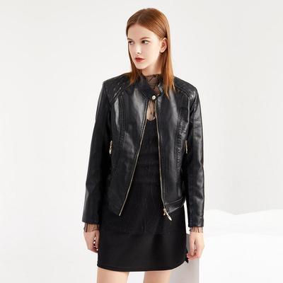 Женская осенне-зимняя однотонная куртка из искусственной кожи с воротником-стойкой и длинным рукавом S-4XL