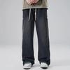 Men Summer Jeans Elastic Waist Adjustable Drawstring Denim Pants Side Buttons Closure Straight Wide Leg Casual Trousers Streetwe