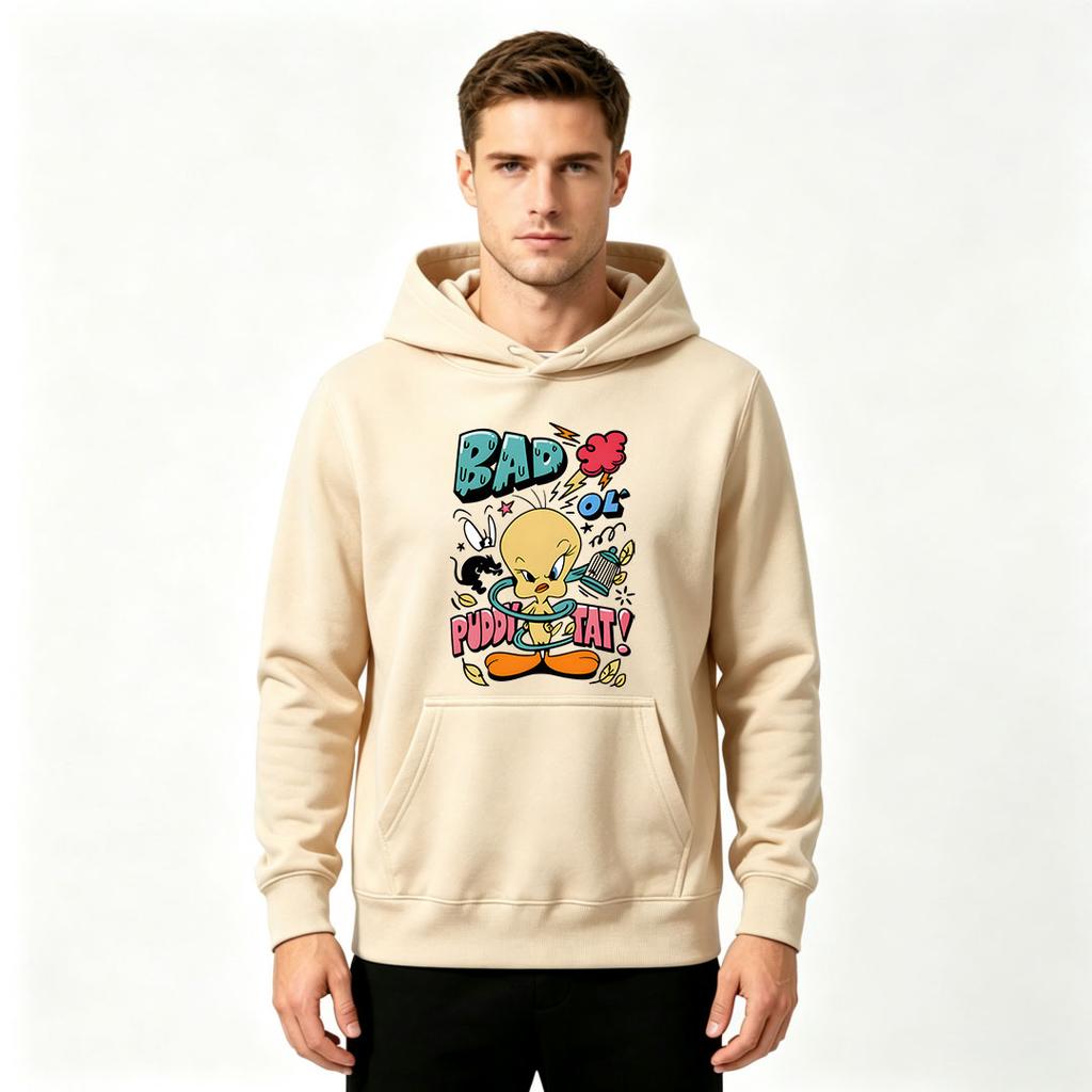 Men's Bad Ol' Puddy Tat Cartoon Printed Pullover Hoodie Casual Long Sleeve Sweatshirt