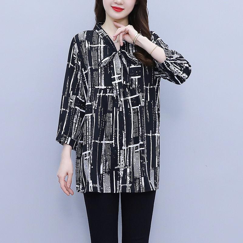 Стильная шифоновая блузка для матерей среднего возраста - Весна/Лето 2024, Свободный крой, Большой размер, Топ с рукавом 3/4