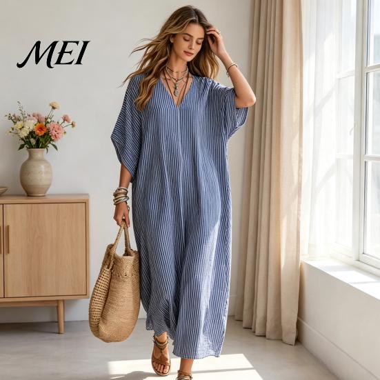 Soft Casual Dress Women V-Neck Striped Dress, Summer Half Sleeve Ankle V-neck Loose Length Swing for Beach Vacation Daily Wear