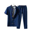 Ice Silk Summer Men's Cotton Linen T-Shirt & Long Pants Set - Casual Solid Color, Plus Size Available