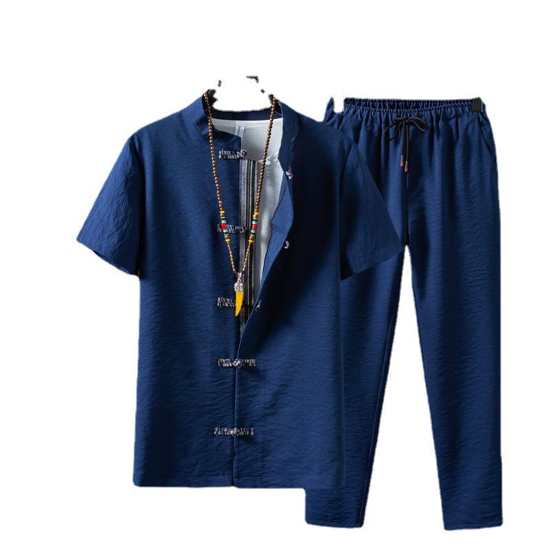 Ice Silk Summer Men's Cotton Linen T-Shirt & Long Pants Set - Casual Solid Color, Plus Size Available