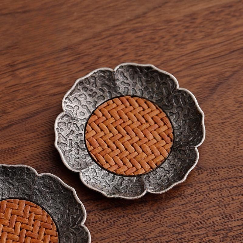 Антикварная подставка для чайной чашки из серебряного сплава, бамбуковая циновка, термоизолированная чайная чашка, подставка для чашки, чайное блюдце, аксессуары для чайного набора кунг-фу