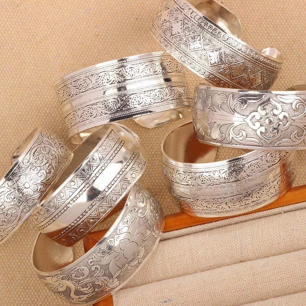 Lotus Silver Opening Bangle Vintage Thai Wrist Jewelry Carved Wide Bracelet Party