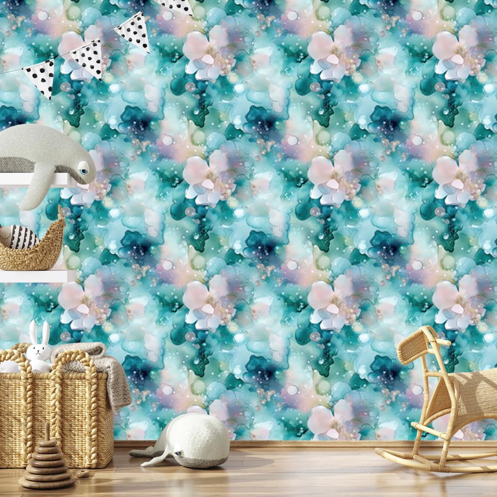 Ink Wallpaper Turquoise, Light Gray, Celadon and Blue 50x1000