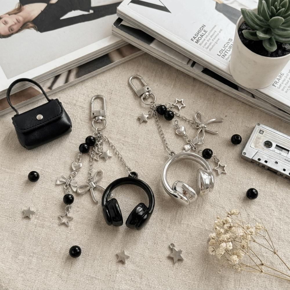 Zinc Zinc Alloy Bag Charms Black Silver Bow Star Phone Lanyards Fashionable 3D Earphone Shape Keychain Bag