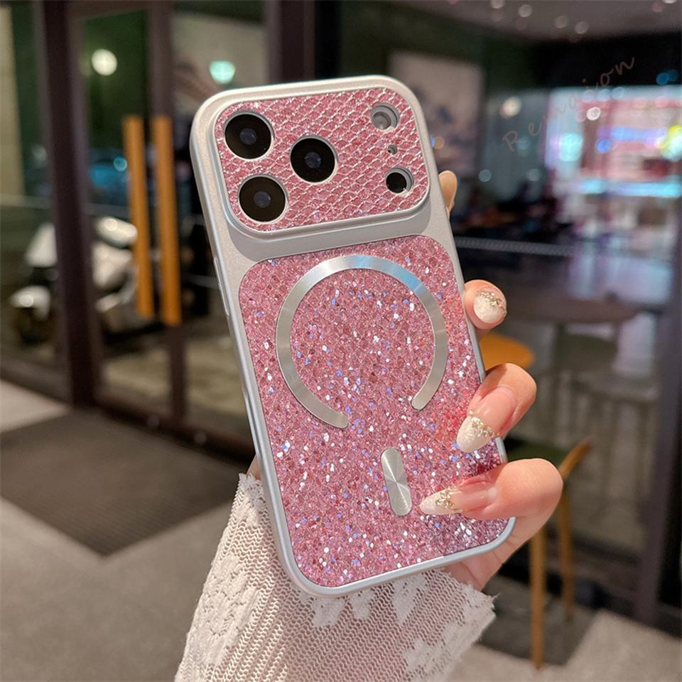 Роскошный Магнитный Чехол с Блестками и Алмазной Текстурой для iPhone 17 16 15 14 Plus 13 12 11 Pro Max для Magsafe Защитная Крышка Камеры