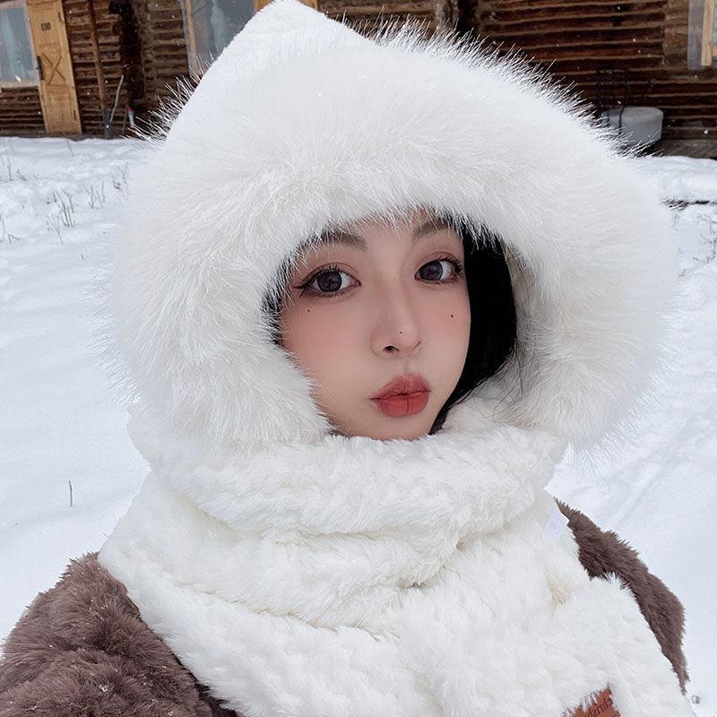 Plush cute ear protector hat autumn and winter thick student cycling hat scarf integrated windproof and cold winter hat female
