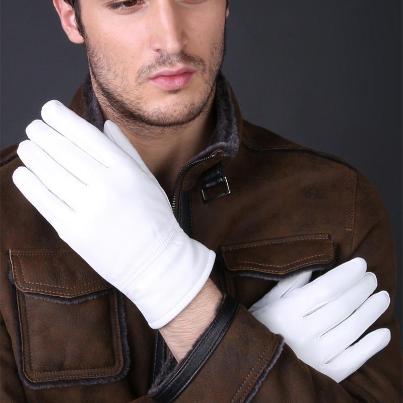 Men's Fashion Genuine Leather Winter Warm White Ceremonial Sheepskin Short Gloves Police Mittens Full Finger Sporting Gloves