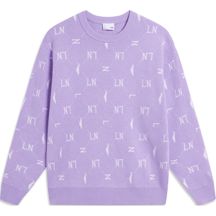 Li Ning All Over Print Letter Round Neck Удобный дышащий свободный вязаный свитер для женщин, топы розово-фиолетового цвета AMBT216-2