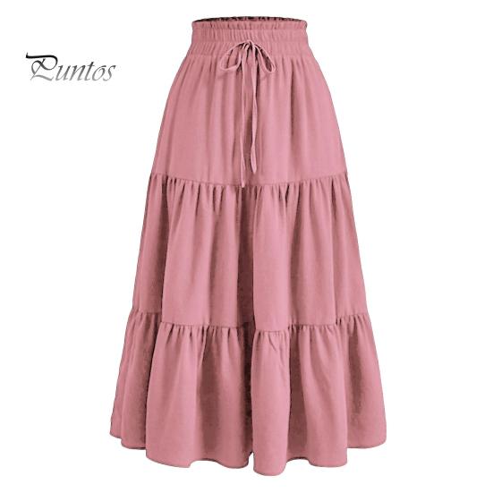 Женская юбка в стиле бохо, эластичная, с высокой талией, регулируемая, с завязками на талии, однотонная, А-силуэт, летняя юбка