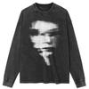 Streetwear Big Face Graphic Washed Black T-Shirt Cotton Unisex Tops Tees Plus Size Long Sleeves T Shirt