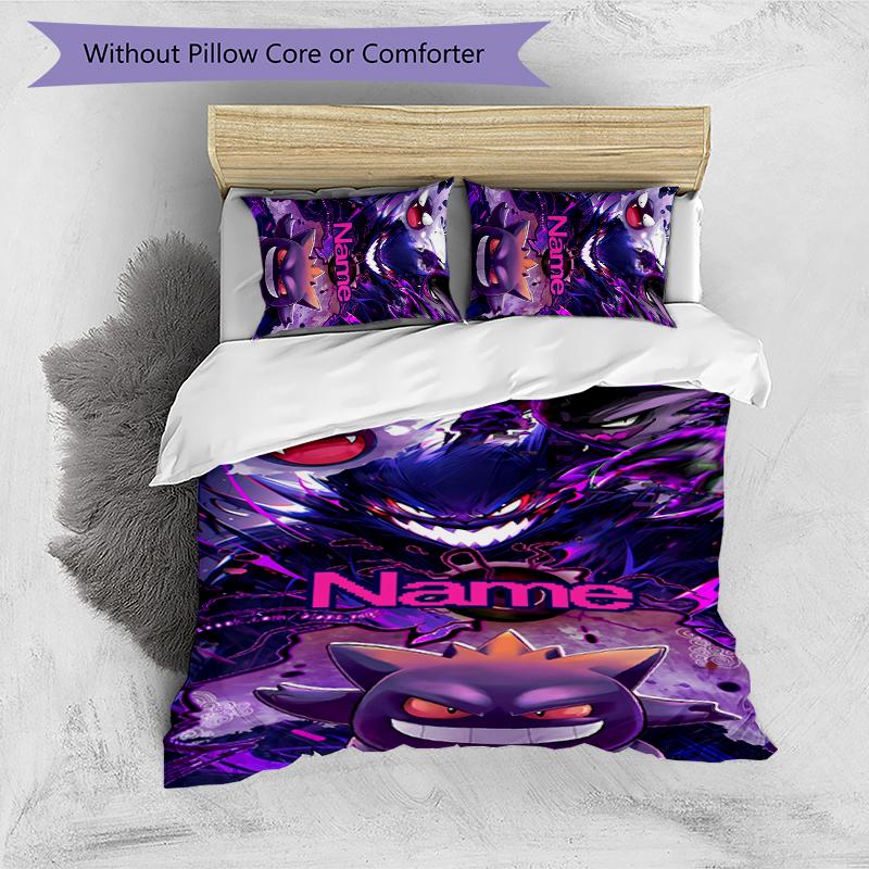 3pcs Custom Name Pokémon Gengar Bedding Set Duvet Cover Closure Includes 1 Duvet Cover & 2 Pillowcases for All Seasons Bedroom Decor