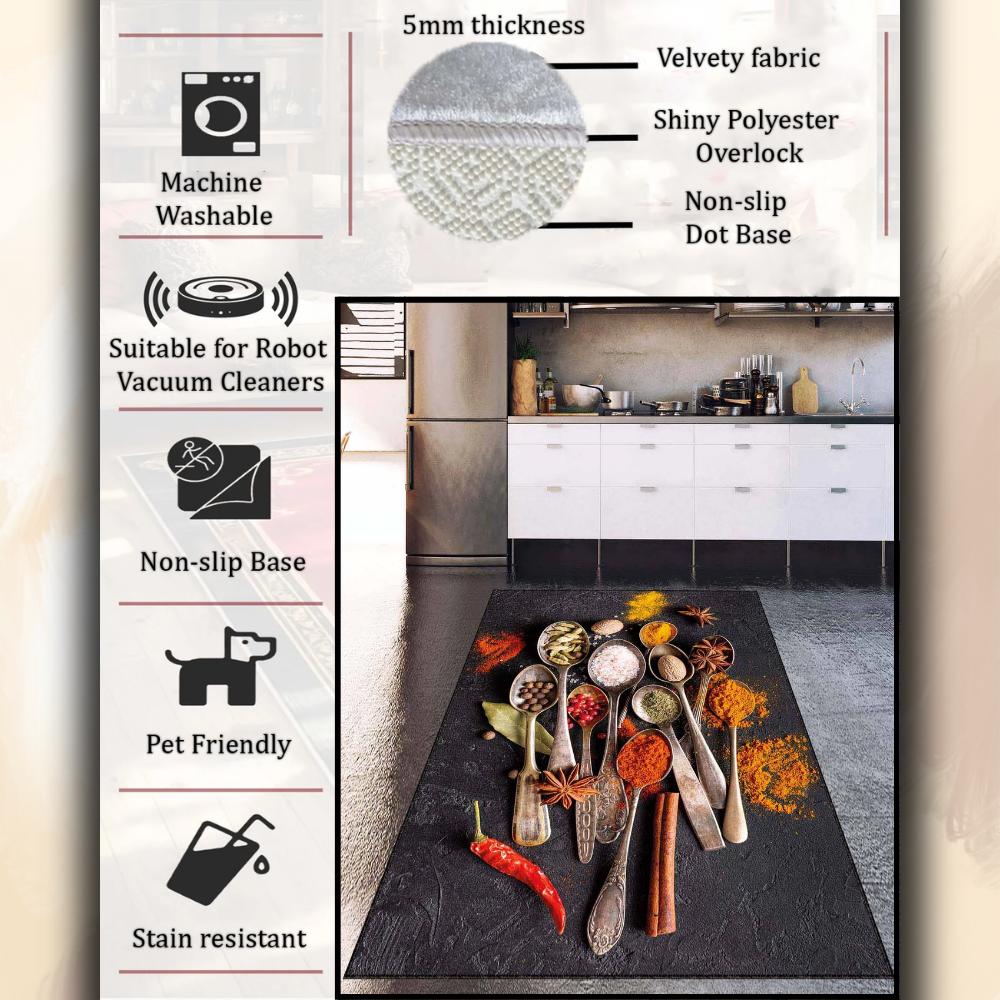 Kitchen Rug Decorated with Colorful Spices, Stain-Resistant, Easy-to-Clean Spice Patterned Kitchen Rug