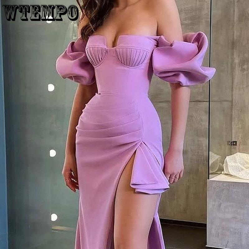 WTEMPO Летнее высокое качество женское длинное платье с открытыми плечами и боковым разрезом облегающее короткое платье с пышными рукавами для вечеринок знаменитостей