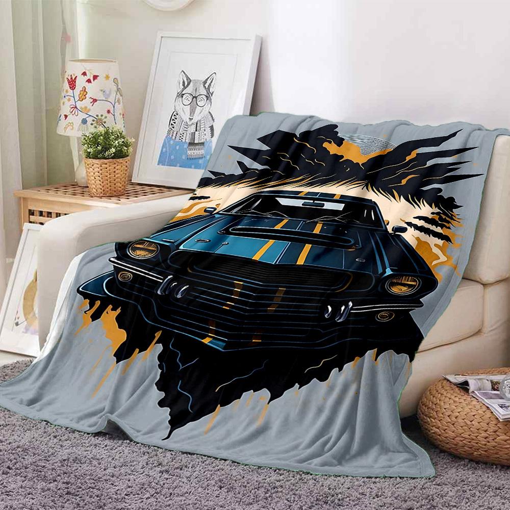1pc Muscle Car Racing Lightweight Flannel Blanket, Comfortable and Warm Blanket, for Office and Camping Sofa Bed, Livingroom095