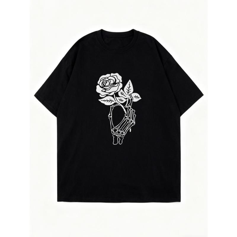 Black Oversized T Shirt With Skeleton Hand Holding Rose Print For Casual Wear And Street Style