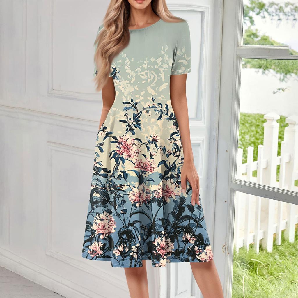 Женское свободное повседневное и модное платье с круглым вырезом и короткими рукавами, средней длины с принтом