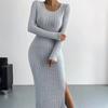 Autumn and Winter Long Sleeved Round Neck Split Knit Long Dress