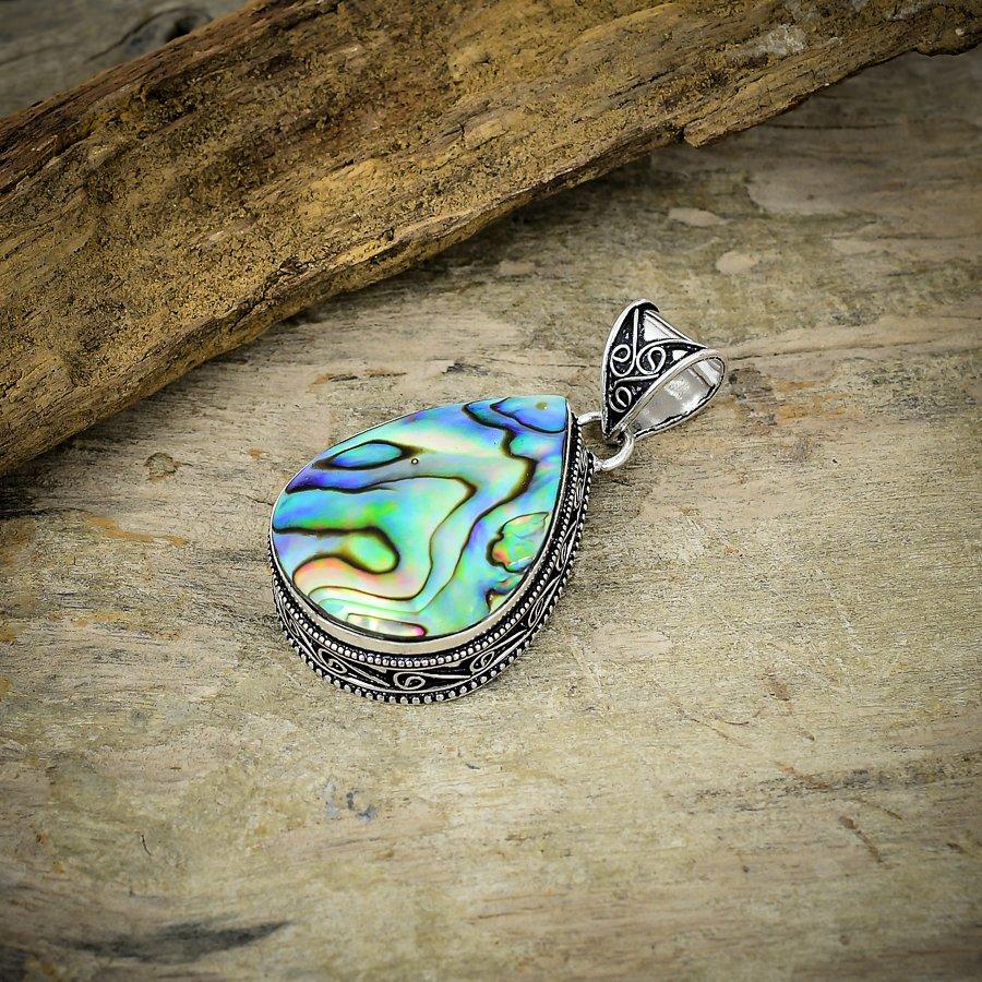 Abalone Shell Gemstone Handmade 925 Sterling Silver Jewelry Pendant 2.09" M-15