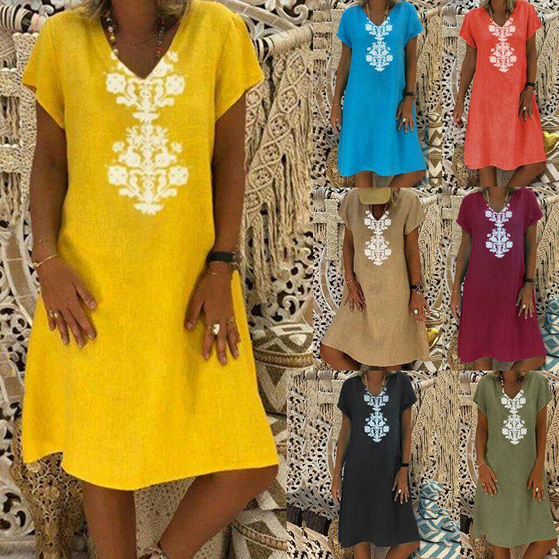 Premium Quality Women's Baggy Loose Short Sleeve V-neck Linen Kaftan Madi Dress For Effortless Beach Style