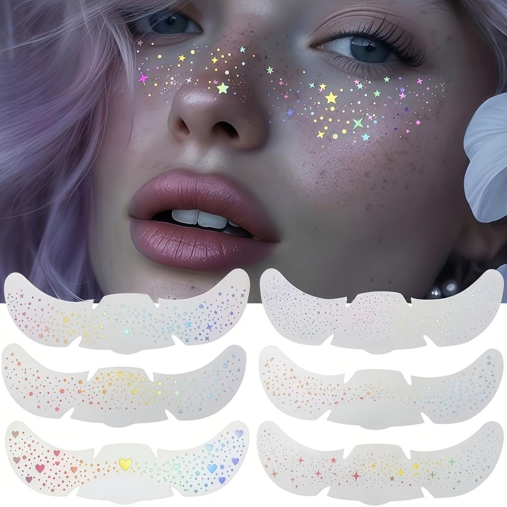 6pcs Mixed Glitter Laser Freckle Stickers and Daily Makeup Decoration, Perfectly Suitable for Christmas, Halloween, and Music Festivals