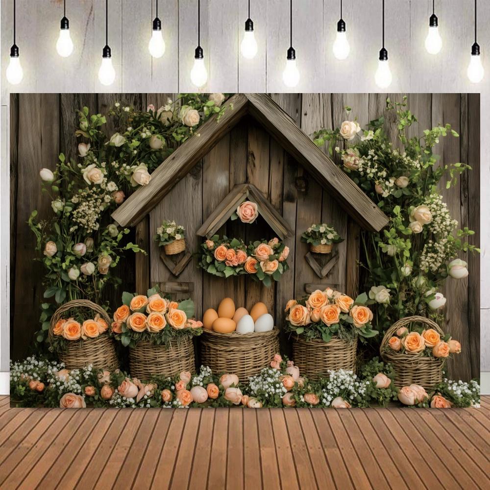 Easter Floral Wooden Door Photography Background Colorful Egg Bunny Photo Backdrop for Baby Portrait Birthday Party Home Decor3