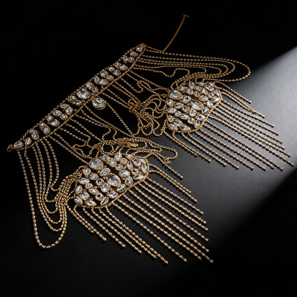 Elegant Rhinestone Shoulder Necklace Gold/Silver Chain Shoulder Body Chain  Wedding Ceremony