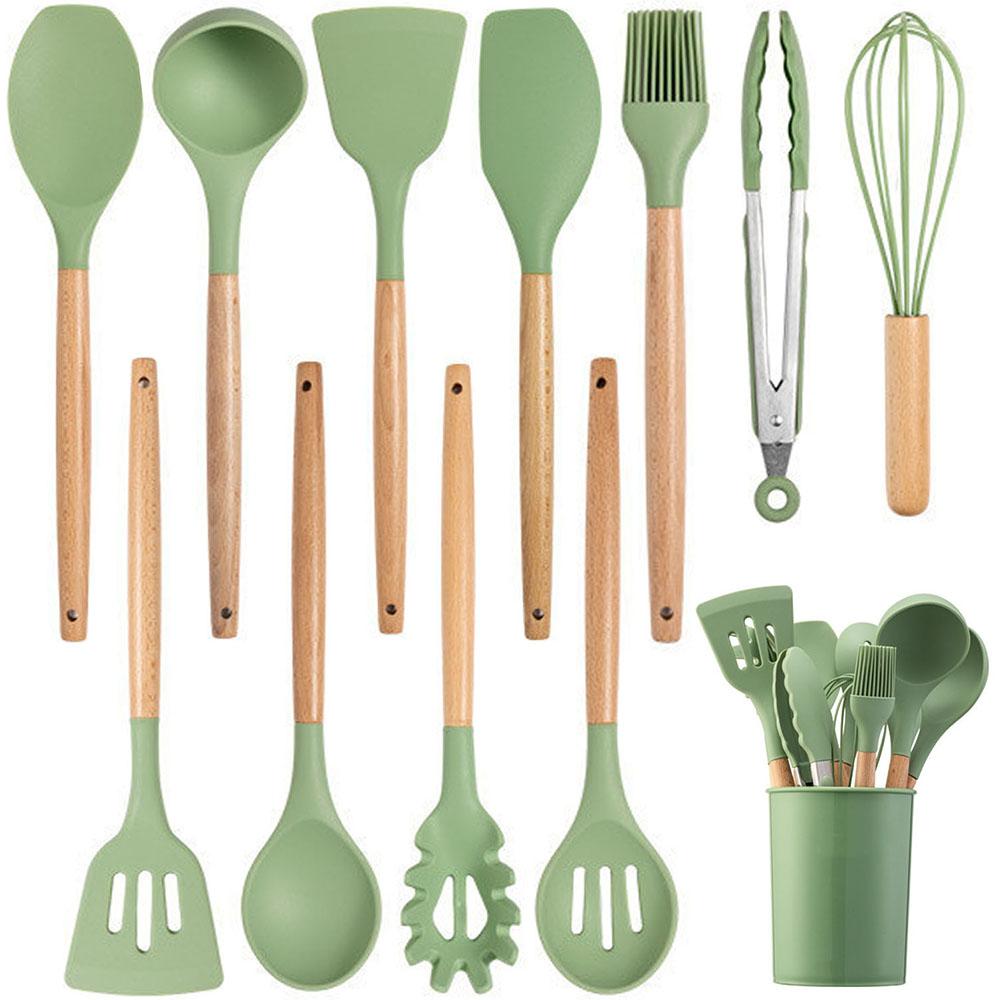 Силиконовые кухонные принадлежности с антипригарным покрытием, набор кухонных принадлежностей, лопатка, лопатка, венчики для яиц, деревянная ручка, набор кухонных инструментов для приготовления пищи