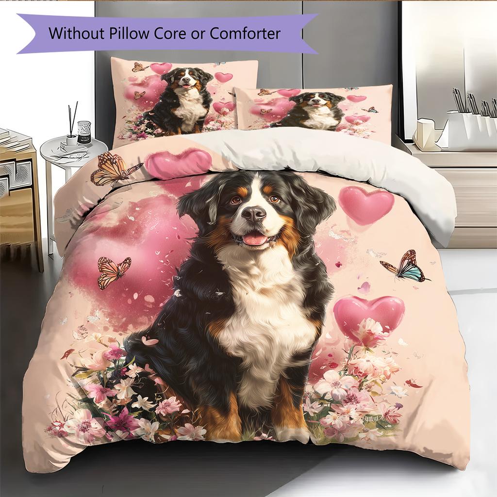 Pink Bernese Mountain Dog Pattern Bedding Home Decoration Birthday Gift (1 * duvet cover + 2 * pillowcase, without core)