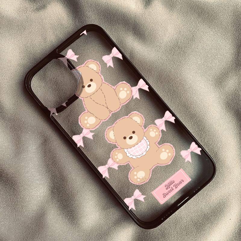 Милый розовый бант Маленький милый медвежонок Чехол для телефона Для iPhone 16 Pro Max 15 14  13 12Mini 11 XR XS X 7Plus Ударопрочный Прозрачный Жесткий Чехол