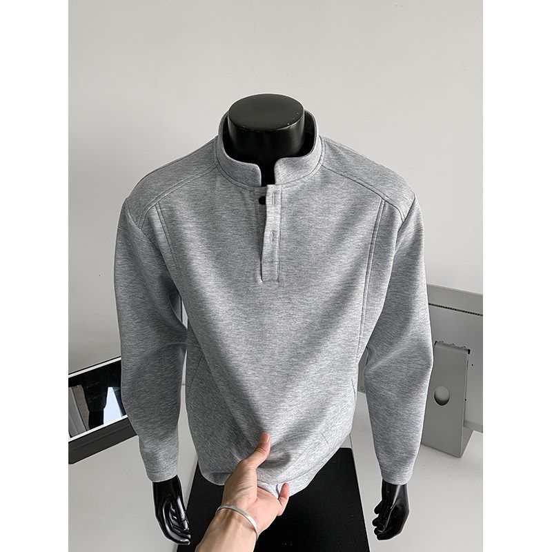 Dongjie No Logo Flus Autumn Henry Collar Straight Shoulder Composite 270g Heavy Cotton Long Sleeve T-Shirt Men's Sweatshirt