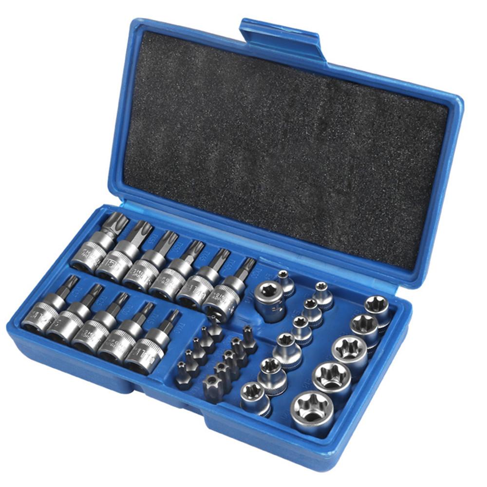 Набор торцевых головок Torx и E-Torx (звездочка) 34 шт. Привод 1/4" 3/8" 1/2" Наружные Внутренние Защитные биты E-torx Ручной инструмент