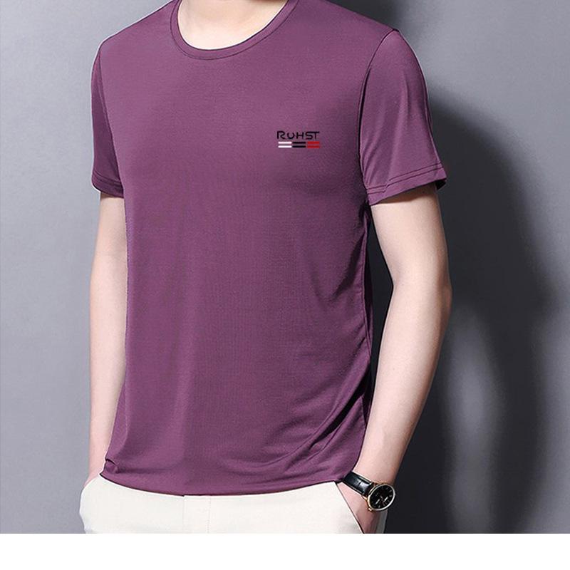 Мужская приталенная быстросохнущая футболка из ледяного шелка - Короткий рукав, Круглый вырез, Однотонная, Дышащая, Большой размер