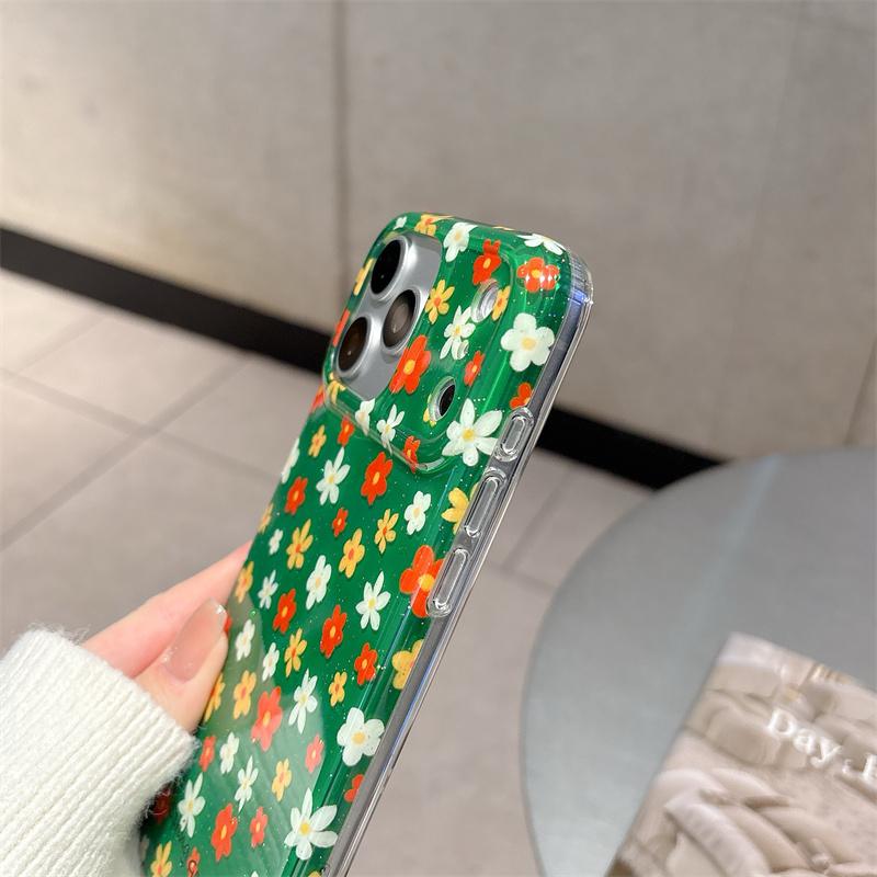 Зеленый Цветочный Глиттерный Чехол Для Телефона iPhone 17 16 15 14 Pro Max Весенний Сад Эстетика Милый Цветок Защитный Чехол