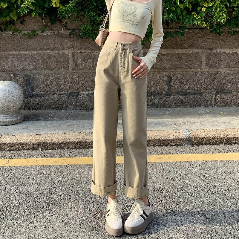 Narrow version straight denim girl spring high waist thin loose small nine-point pipe pants coffee chenille