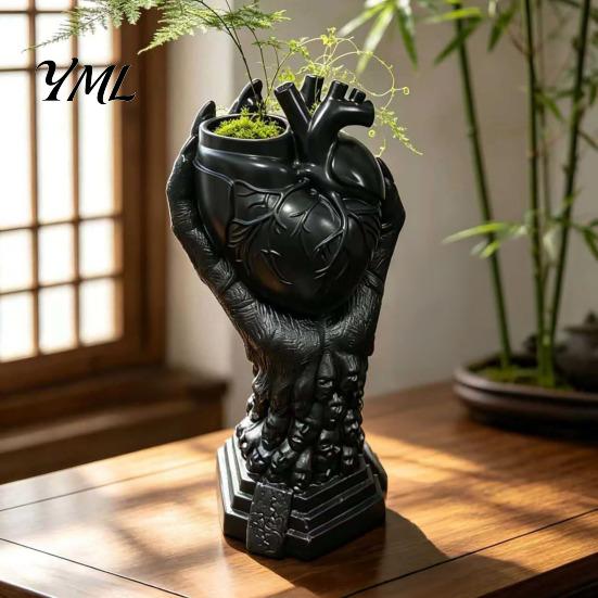 Personalized Window Display Hand Holding Human Heart Organ Vase, Gothic Anatomical Shaped Unique Art Gift Spooky Halloween Desktop Flower Pot