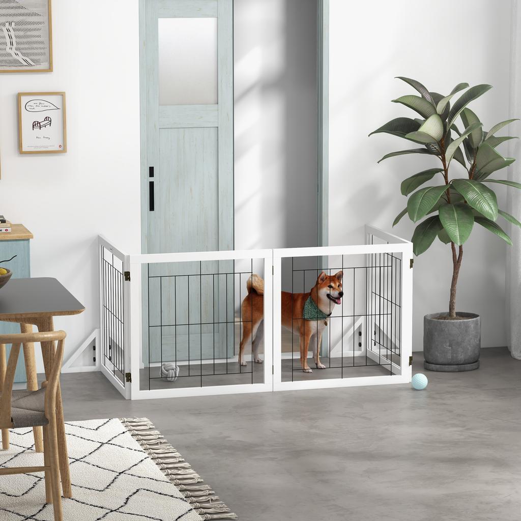 Folding Dog Gate with 4 Panels and Triangular Feet, 280x70 cm, White
