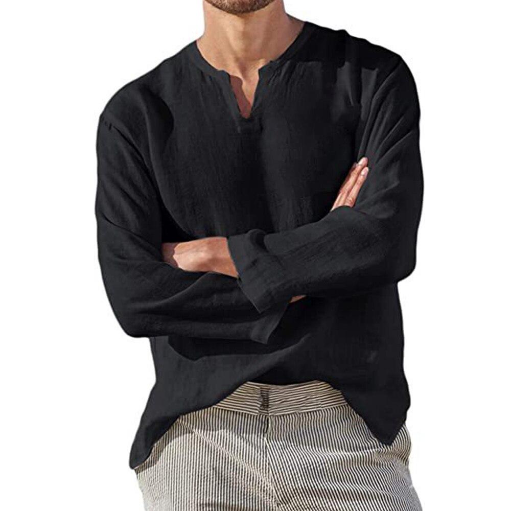 Хлопково-льняная мужская рубашка, короткая дышащая удобная однотонная повседневная блузка с длинным рукавом и v-образным вырезом, гавайская рубашка, топы большого размера