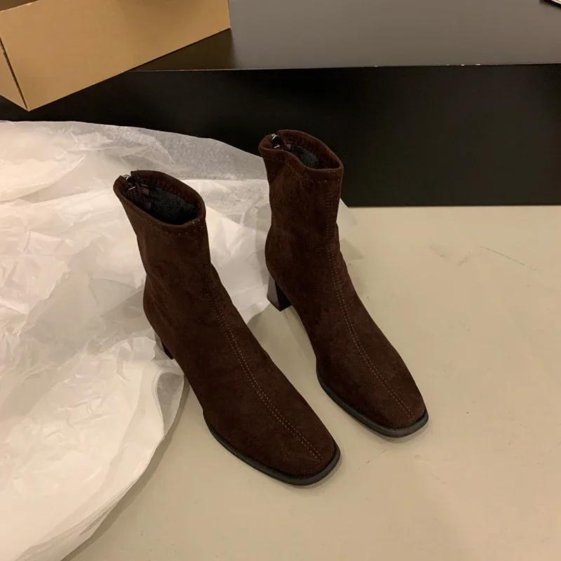 Мода Женские эластичные ботильоны Модные элегантные современные тонкие короткие ботинки Осень-зима Laides Молнии сзади Обувь