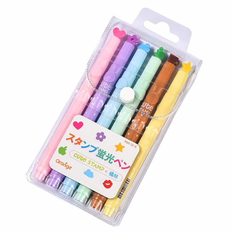 6Pcs/set Cute Candy Color Highlighters Pen Inks Creative Marker Stamp Fluorescent Pens School Supplies Office Stationery