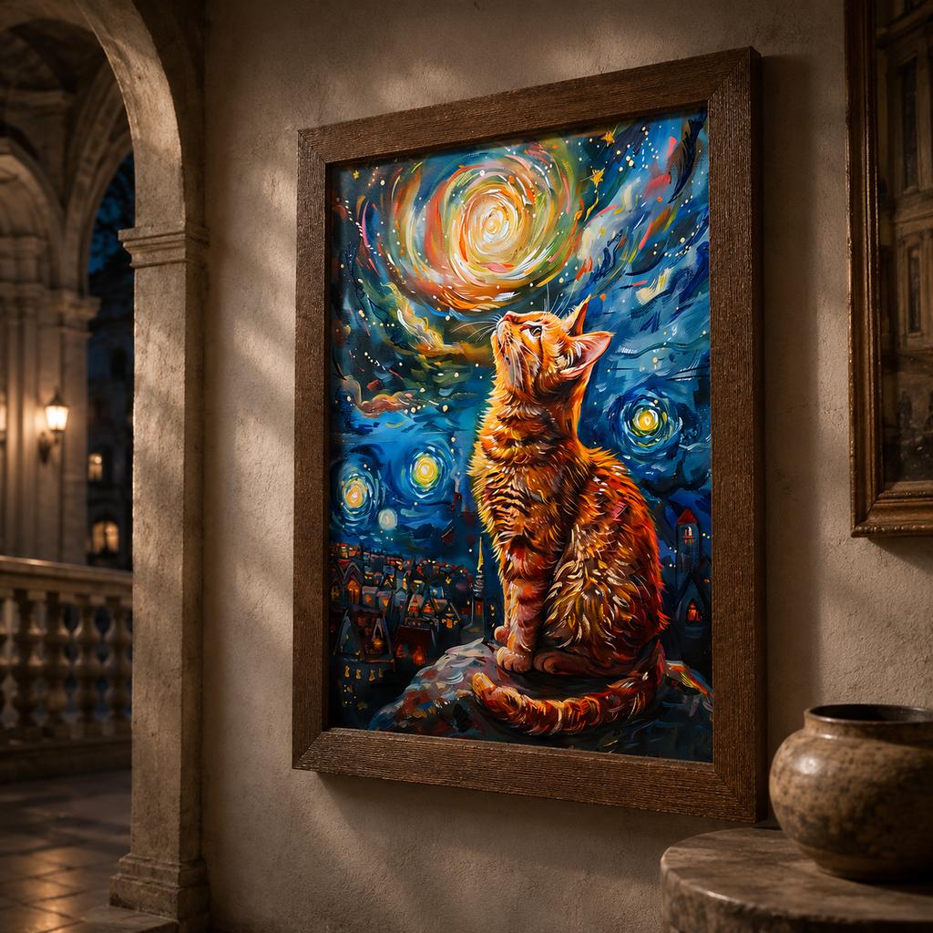 Vintage Animal Wall Art, Nordic Impressionist Cat Canvas Painting, Whimsical Tabby Poster Print for Bedroom Living Room Decor
