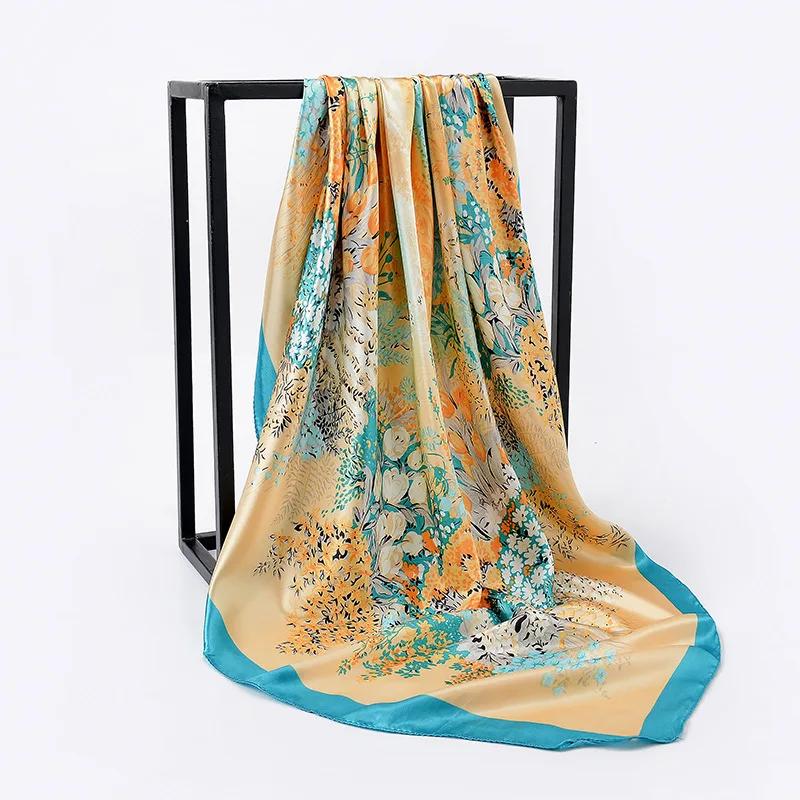 90cm Square Shawls Women Hijab Scarf For Hair Fashion Print Kerchief Neck Scarves Female Silk Satin Bag Scarfs For Ladies Banada