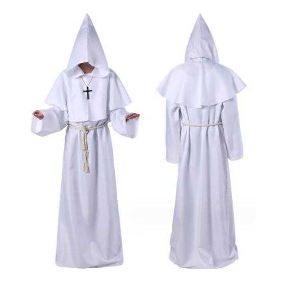4Pcs/Set Halloween Cloak Costume Medieval Monk Robe Wizard Cosplay Dance Fabric Cape with Strong Drape Big Hat Necklace Waist Rope