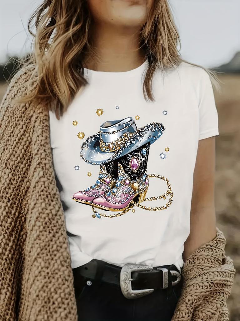 Футболка с коротким рукавом с принтом серии «Западный ковбой», модная и трендовая, повседневная и универсальная