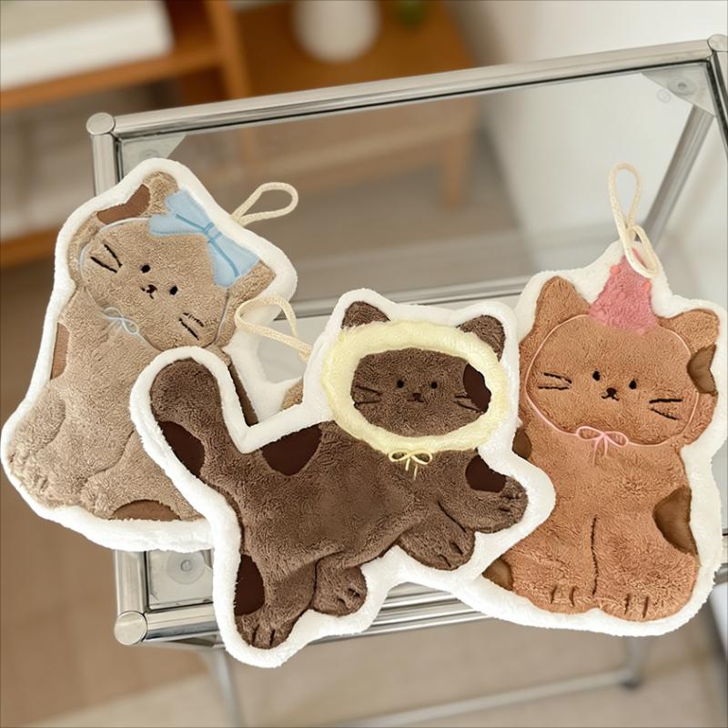 BEPAN 1PC Special Shape Hand Towel Thickened Cute Cartoon Cat Strong Water Absorption Coral Velvet Kitchen Bathroom Supplies