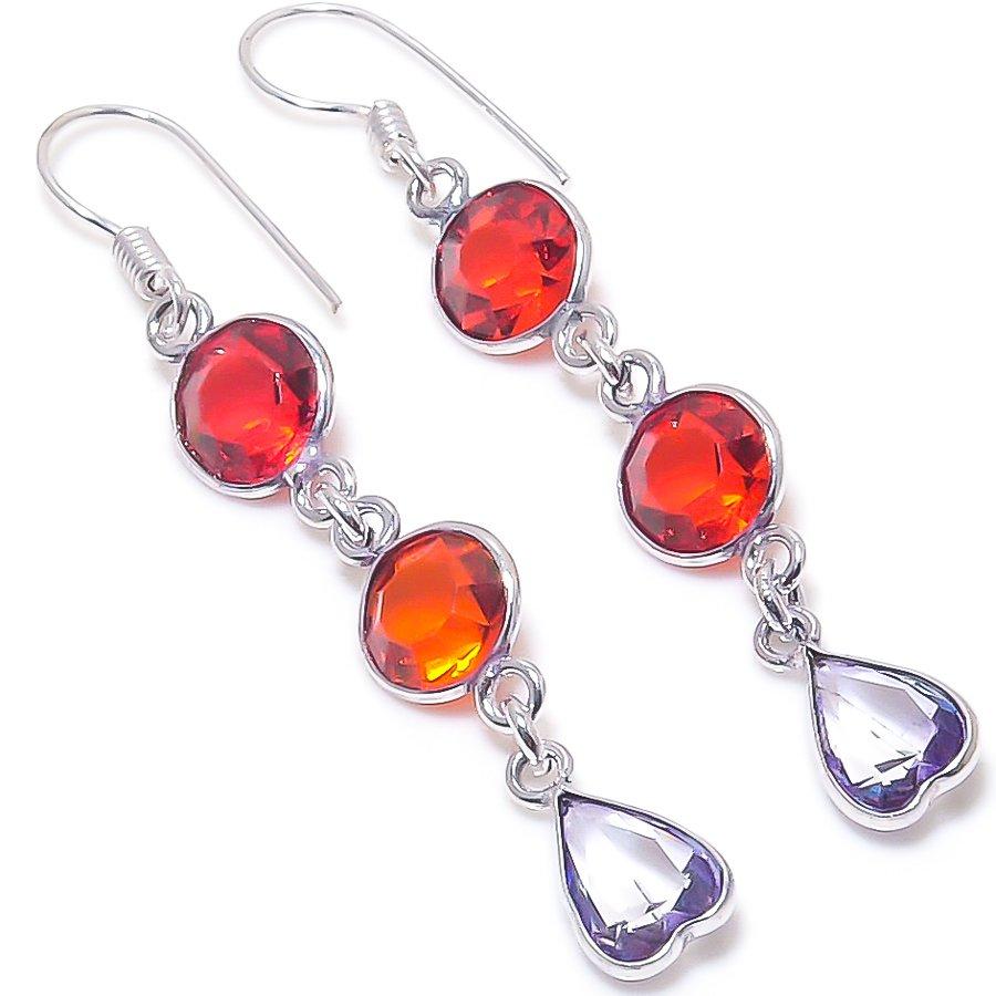 Natural Amethyst, Garnet Gemstone 925 Sterling Silver Earring 2.36" SE-10814