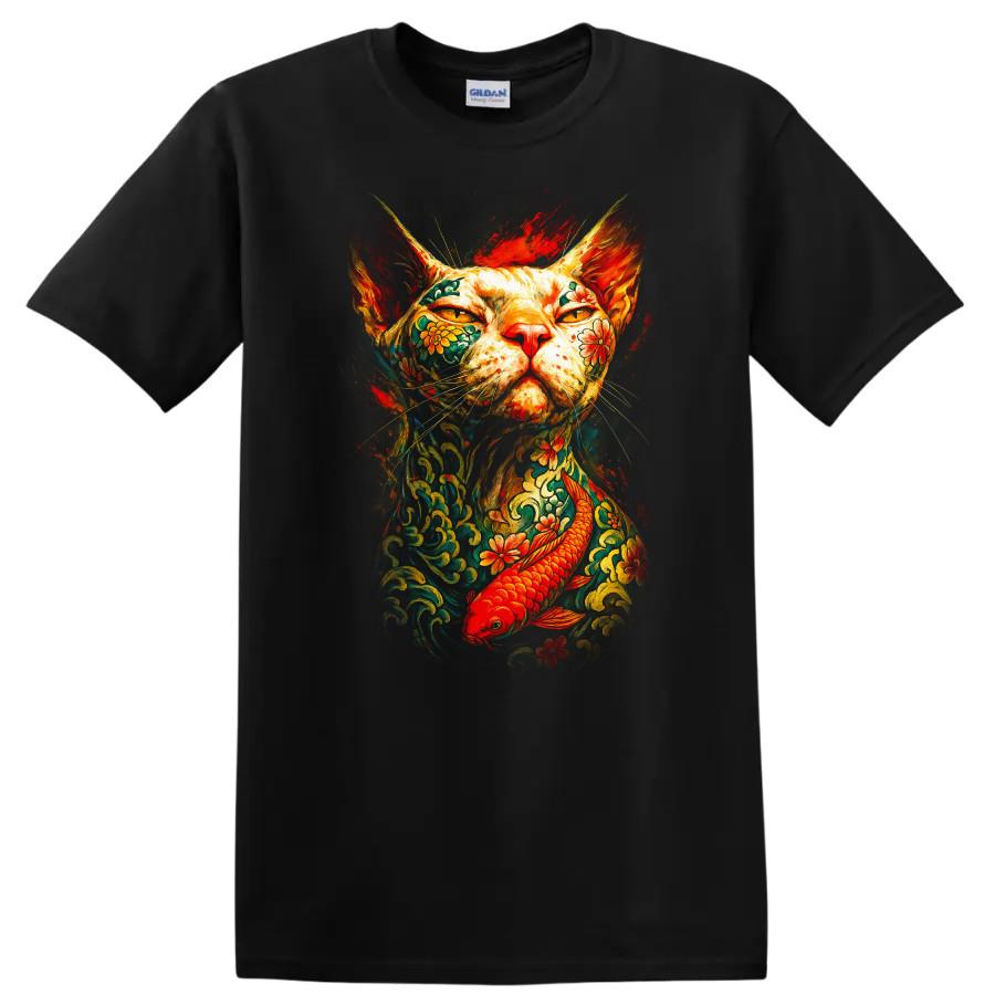 Colorful Cat w/ Koi Fish Floral Tattoo Dark Urban Streetwear T Shirt Tee